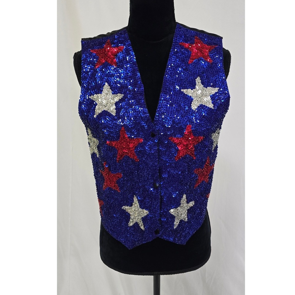 Vtg JC 001 USA sequin vest women S Rodeo queen western costume patriot stars